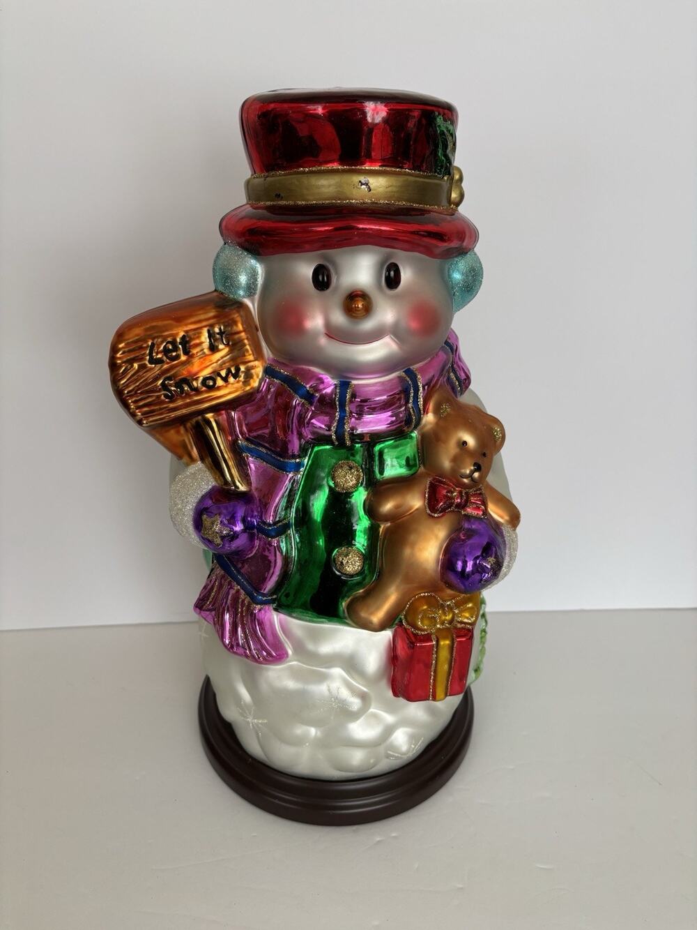 Thomas Pacconi Classics Blown Glass Christmas Snowman Wood Base 16”